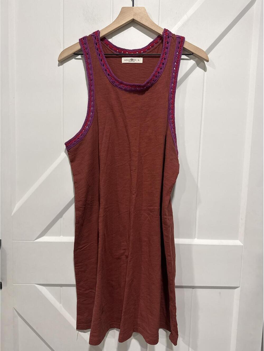 Natural Life Sleeveless Boho Racerback Dress with Crochet Trim, Size Large